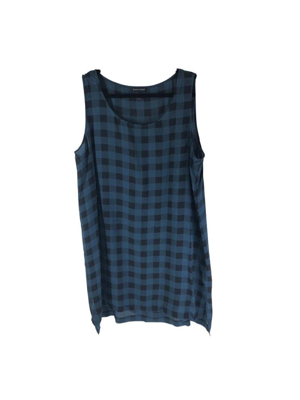 Eileen Fisher Sheer Blue & Black Silk Sleeveless Checkered Tunic Shift Dress XL